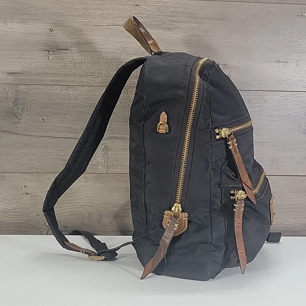 Frye Nylon Black and Brown Leather Trim Backpack with Gold Accents